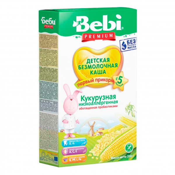 58ed331727eb6d8e6fa15a2bee199ba6_100521170945.jpeg Каша сухая безмолочная Bebi Premium Кукурузная низкоаллергенная 200 гр 5+ мес — изображение 1