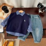 Комплект 3ка Рубашка в клетку + желетка + джинсы Синий — изображение 7